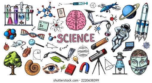 Science banner. Engraved hand drawn in old sketch and vintage style. Astronaut and rocket. Scientific formulas and calculations in physics and mathematics and biology or astronomy on whiteboard.