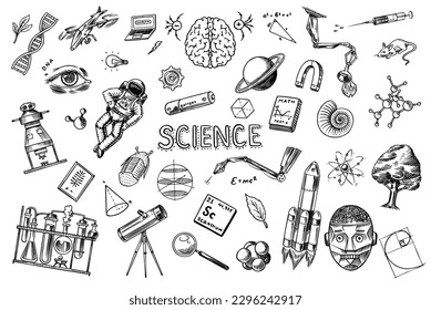 Science banner. Engraved hand drawn in old sketch and vintage style. Astronaut and rocket. Scientific formulas and calculations in physics and mathematics and biology or astronomy on whiteboard.