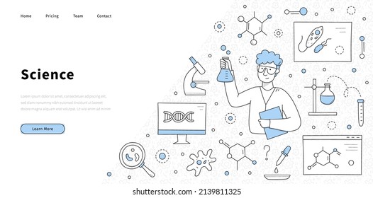 Science banner with man scientist in laboratory. Vector landing page of chemistry, biology, medical research with doodle illustration of chemist with lab flask, microscope and DNA molecule