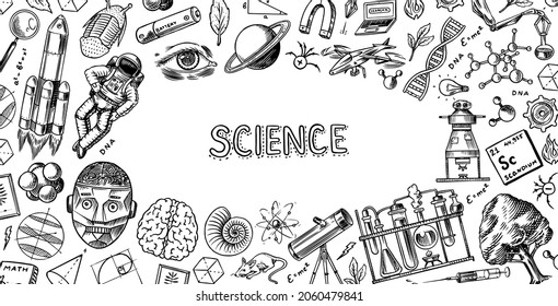 Science banner or poster. Engraved hand drawn in old sketch and vintage style. Astronaut and rocket. Scientific formulas and calculations in physics and mathematics and astronomy on whiteboard.