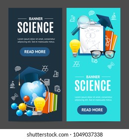 Science Banner Realistic Detailed 3d Vecrtical Set Include of Molecule, Tutorial, Cap and Globe. Vector illustration of Banners