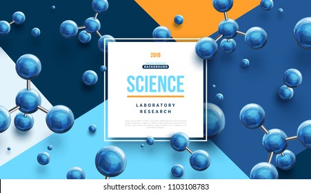 Science banner with square frame and blue 3d molecules on modern geometric background. Vector illustration.