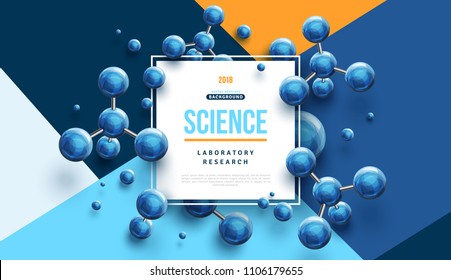Science banner with square frame and blue 3d molecules on modern geometric background. Vector illustration. - Shutterstock ID 1106179655