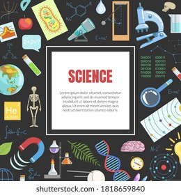 Science Banner Template with Square Frame, Laboratory Equipment and Space for Text, Scientific Research Vector Illustration
