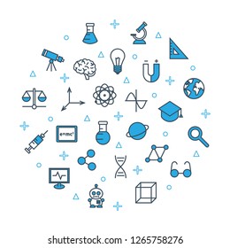 Science banner template. Technology round concept template. Thin line web symbols outline icons flat for mobile app, poster, banner, engineering elements, mathematics education, chemistry research