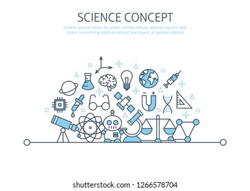 Science banner template. Technology round concept template. Thin line web symbols outline icons flat for mobile app, poster, banner, engineering elements, mathematics education, chemistry research