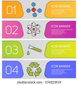 Science banner templates set. Atom, molecule, test tube with liquid, recycle symbol. Website menu items. Color web banner. Vector headers design concepts