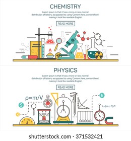 Science Banner Vector Concepts In Line Style. Chemistry And Physics Design Elements, Symbols And Icons. Laboratory Workspace And Science Equipment. Education Background