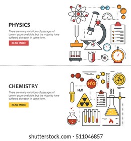 Science banner vector concepts in line style. Chemistry and Physics design elements, symbols and icons. Laboratory workspace and science equipment. Education background