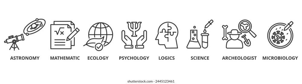 Science banner web icon vector illustration concept with icon of astronomy, mathematic, ecology, psychology, logics, science, archeologist, microbiology