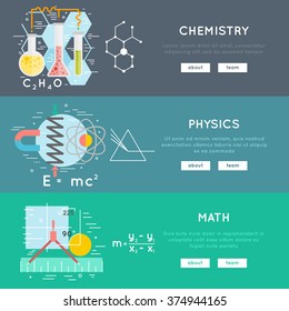 science banners, chemistry, physics, math. flat and line style vector concepts