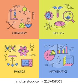 Science banners set in colored line style. Chemistry, biology, physics and mathematics. Vector illustration.