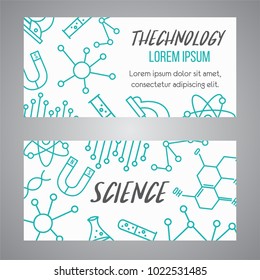 Science banners set. Research outline icon. Tiny line vector elements. Laboratory and education brochure.Medicine, technology, chemisrty