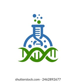 Science beaker and DNA logo with a blue and green substance. Perfect for educational materials, science blog posts, or laboratory related designs and presentations.