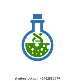 Science beaker and DNA logo with a blue and green substance. Perfect for educational materials, science blog posts, or laboratory related designs and presentations.