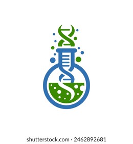 Science beaker and DNA logo with a blue and green substance. Perfect for educational materials, science blog posts, or laboratory related designs and presentations.