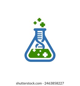 Science beaker and DNA logo with a blue and green substance. Perfect for educational materials, science blog posts, or laboratory related designs and presentations.