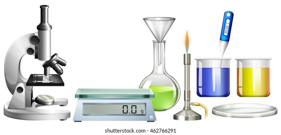 Science beakers and other equipment illustration