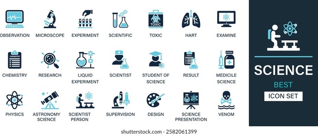 Science best solid icon set collection. Observation, microscope, experiment, scientific, toxic, hart, physics, astronomy, supervision, design and solid icon set. 