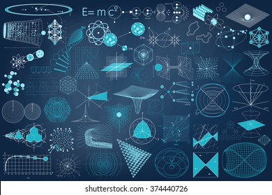 Science. Big collection of elements, symbols and schemes of physics, chemistry and sacred geometry