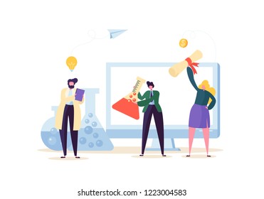 Science and Bio Technology Concept. Chemical Pharmaceutic Industry Laboratory with Characters Engineering, Clinical Research. Vector illustration