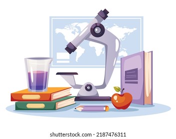 Science biology academic chemical analysis laboratory workplace education concept. Vector design graphic element illustration