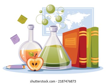 Science biology academic chemical analysis laboratory workplace education concept. Vector design graphic element illustration