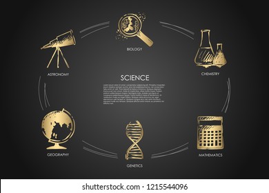 Science - biology, astronomy, geography, genetics, mathematics, chemistry vector concept set. Hand drawn sketch isolated illustration