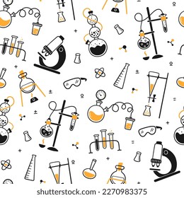 Science biology chemical experiment lab seamless pattern. Chemical laboratory equipment. Hand drawn chemical processes. Doodle vector illustration with lab flask, microscope on white background.