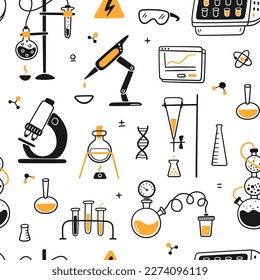 Science biology chemical experiment lab seamless pattern. Chemical laboratory equipment. Hand drawn chemical processes. Doodle vector illustration with lab flask, microscope on white background.