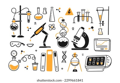 Science biology chemical experiment lab. Chemical laboratory equipment. Hand drawn chemical processes. Doodle vector illustration with lab flask, microscope and DNA molecule on white background.