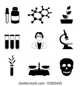 Science, biology and chemistry related icon set in black