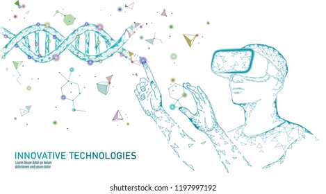 Science biology gene modifying concept. VR headset holographic projection virtual reality glasses. Futuristic medicine research gene therapy health analysis laboratory chemistry vector illustration