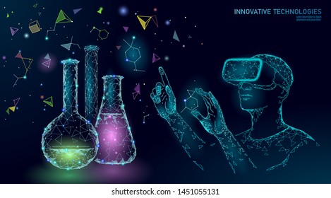 Science biology gene modifying concept. VR headset holographic projection virtual reality glasses. Futuristic medicine research gene therapy health analysis laboratory chemistry vector illustration