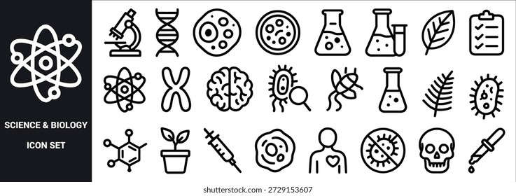 Conjunto de iconos de Ciencia y biología con microscopio, cerebro de células de ADN y símbolos médicos Vector