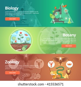 Ciencia de la biología. Ciencias naturales. Vida vegetal. Conocimiento botánico. Planeta animal. Zoología.Zoológico. Mundo de la vida salvaje. Banners científicos y educativos. Concepto de diseño de vectores.