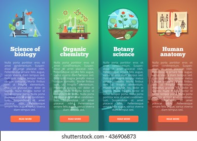 Science of biology. Organic chemistry. Botany study. Human anatomy. Education and science vertical layout concepts. Flat modern style.