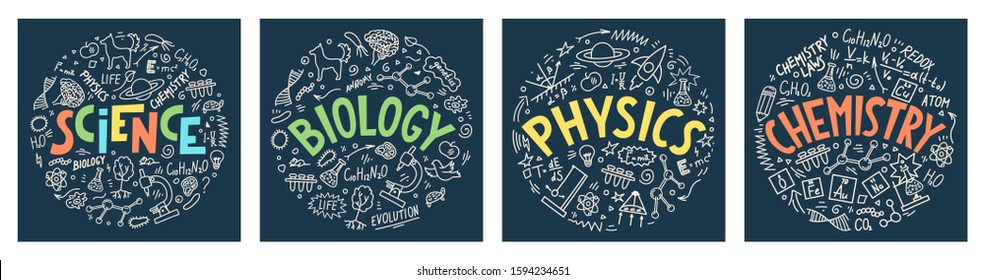 Science. Biology. Physics. Chemistry. Set from hand drawn doodles with lettering. School subjects vector illustrations on dark blue background.