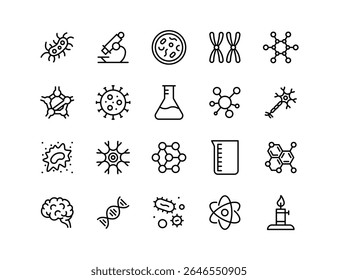 Conjunto de Ícones Vetoriais de Ciência e Biologia - Bactérias, Vírus, DNA, Moléculas, Microscópio, Tubo de Teste, Neurônio, Células, Frasco, Copo, Germes, Átomo, Ameba, Laboratório E Outros Ícones
