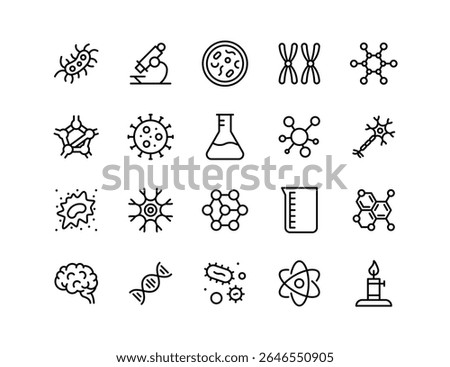 Science and Biology Vector Icon Set – Bacteria, Virus, DNA, Molecules, Microscope, Test Tube, Neuron, Cells, Flask, Beaker, Germs, Atom, Ameba, Laboratory And Other Icons