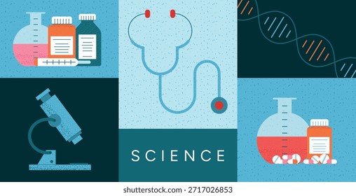 Science and Biotechnology concept set with Microscope, DNA Helix, Stethoscope, Lab Flasks, Medicine Bottles and Pills. Medical research, biotech and healthcare theme. Flat Vector Illustration.