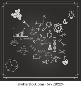 Science blackboard with math. Real physical equations of relativity theory, string theory and quantum mechanics. Used chalkboard with scratches and stains from chalk piece.