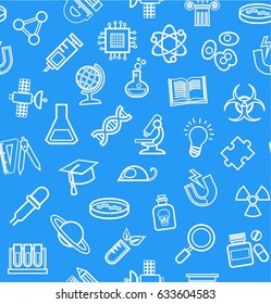 Science, blue background, contour icons, monochrome, seamless, vector. White, line icons on a blue field. Different types of scientific activities. Vector flat background. 