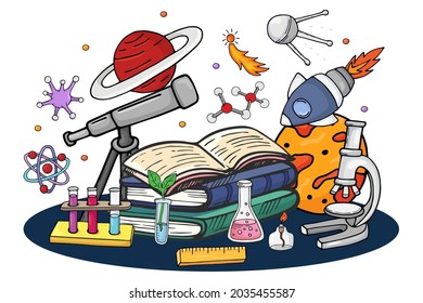 Libro de ciencia sobre el espacio, ilustración vectorial. Concepto de educación en caricaturas con cohete, planeta, estrella y satélite dibujado a mano. Diseño creativo