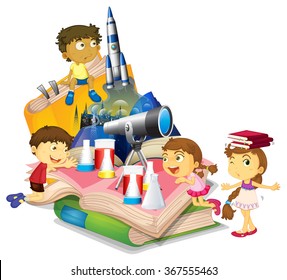 Science Book With Children And Equipment Illustration