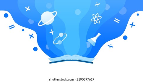 Science Book Education Vector Flat Illustration Background Landscape Blue Modern Math Chemistry and Astronomy 