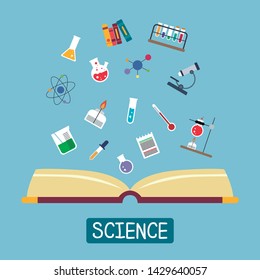Science book illustration with different items. Vector illustration about science. 