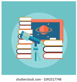 Science Book Telescope Planet Saturn Circle Background Vector Image
