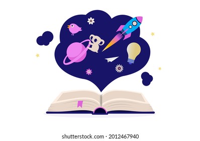 Libro de ciencias - Ilustración vectorial del libro abierto con varios elementos espaciales y animales en estilo de dibujos animados. Concepto de diversión, aprendizaje y educación.