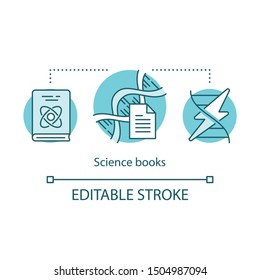 Science books concept icon. Sci fi literature idea thin line illustration. Educational textbooks for studying, physics learning books. Vector isolated outline drawing. Editable stroke